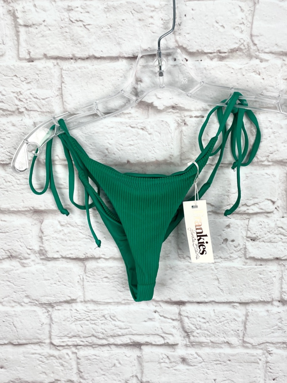 Frankies Bikini's Sky Green Ribbed Tie-Side String Micro Bikini Bottom Size M